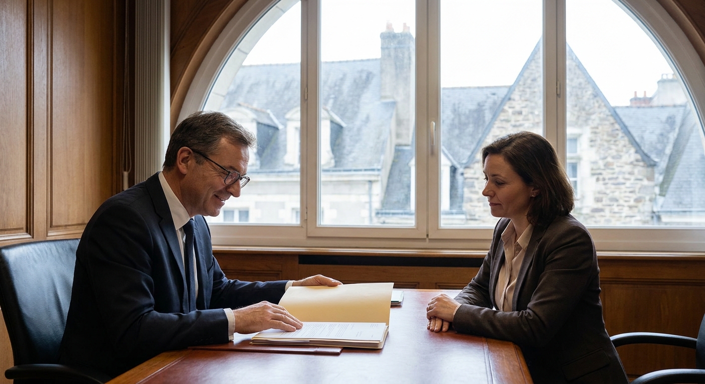 avocat en droit de la famille dans son cabinet à Angers, consultant un dossier de divorce avec un client