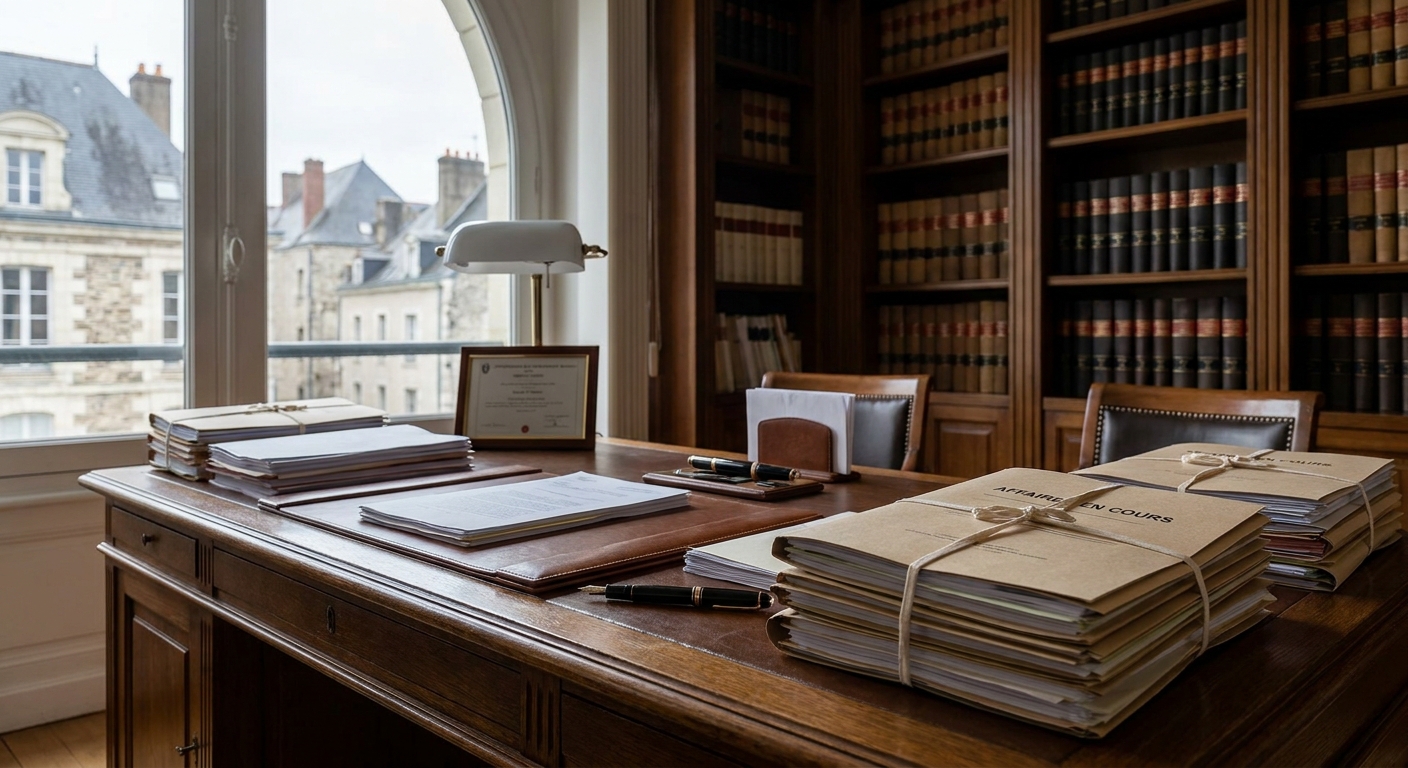 bureau d'un cabinet d'avocat à Angers avec des documents juridiques liés au droit de la famille